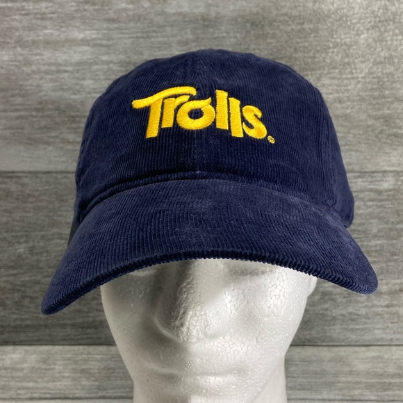 Cap America Trolls Spellout Navy Blue Corduroy Adjustable StrapBack Hat NWT - Picture 3 of 14